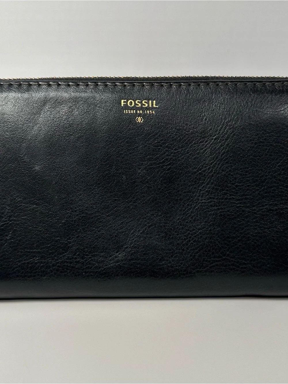 Fossil Black Leather Zip Wallet with Gold Logo Green Inside